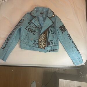 Edgy Blue Leather Jacket with Studded Details